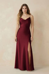 Spaghetti Strap Sheath Satin Bridesmaid Dress With Slit in Burgundy - KISS BRIDAL Bridesmaid Dresses