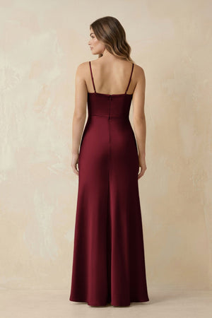 Spaghetti Strap Sheath Satin Bridesmaid Dress With Slit in Burgundy - KISS BRIDAL Bridesmaid Dresses