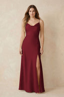 Spaghetti Strap Sheath Satin Bridesmaid Dress With Slit in Burgundy | KISSBRIDAL