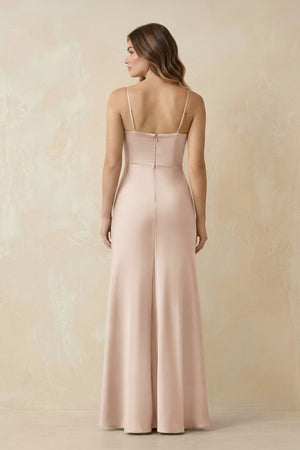 Spaghetti Strap Sheath Satin Bridesmaid Dress With Slit in Buttercream - KISS BRIDAL Bridesmaid Dresses