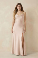 Spaghetti Strap Sheath Satin Bridesmaid Dress With Slit in Buttercream - KISS BRIDAL Bridesmaid Dresses