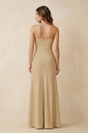 Spaghetti Strap Sheath Satin Bridesmaid Dress With Slit in Champagne (2) | KISSBRIDAL