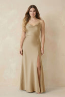 Spaghetti Strap Sheath Satin Bridesmaid Dress With Slit in Champagne - KISS BRIDAL Bridesmaid Dresses
