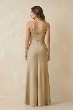 Spaghetti Strap Sheath Satin Bridesmaid Dress With Slit in Champagne - KISS BRIDAL Bridesmaid Dresses
