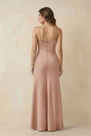Spaghetti Strap Sheath Satin Bridesmaid Dress With Slit in Champagne Rose - KISS BRIDAL Bridesmaid Dresses
