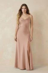 Spaghetti Strap Sheath Satin Bridesmaid Dress With Slit in Champagne Rose - KISS BRIDAL Bridesmaid Dresses