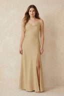 Spaghetti Strap Sheath Satin Bridesmaid Dress With Slit in Champagne | KISSBRIDAL
