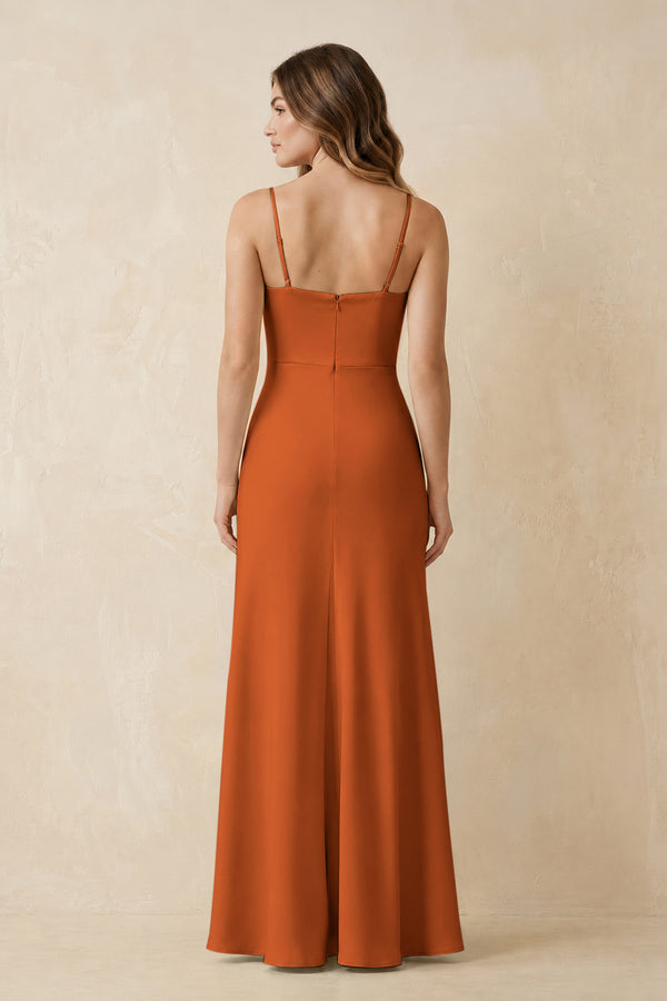 Spaghetti Strap Sheath Satin Bridesmaid Dress With Slit in Cinnamon (2) | KISSBRIDAL