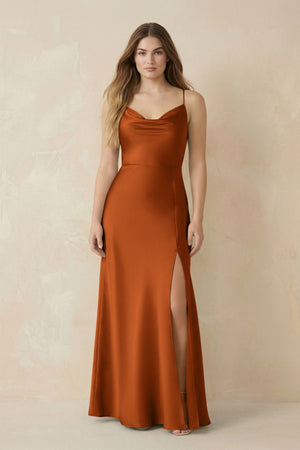 Spaghetti Strap Sheath Satin Bridesmaid Dress With Slit in Cinnamon - KISS BRIDAL Bridesmaid Dresses
