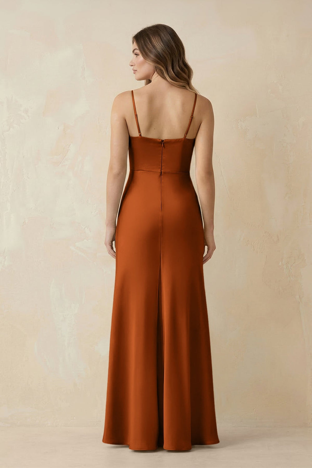 Spaghetti Strap Sheath Satin Bridesmaid Dress With Slit in Cinnamon - KISS BRIDAL Bridesmaid Dresses