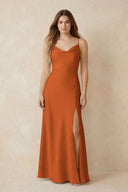 Spaghetti Strap Sheath Satin Bridesmaid Dress With Slit in Cinnamon | KISSBRIDAL