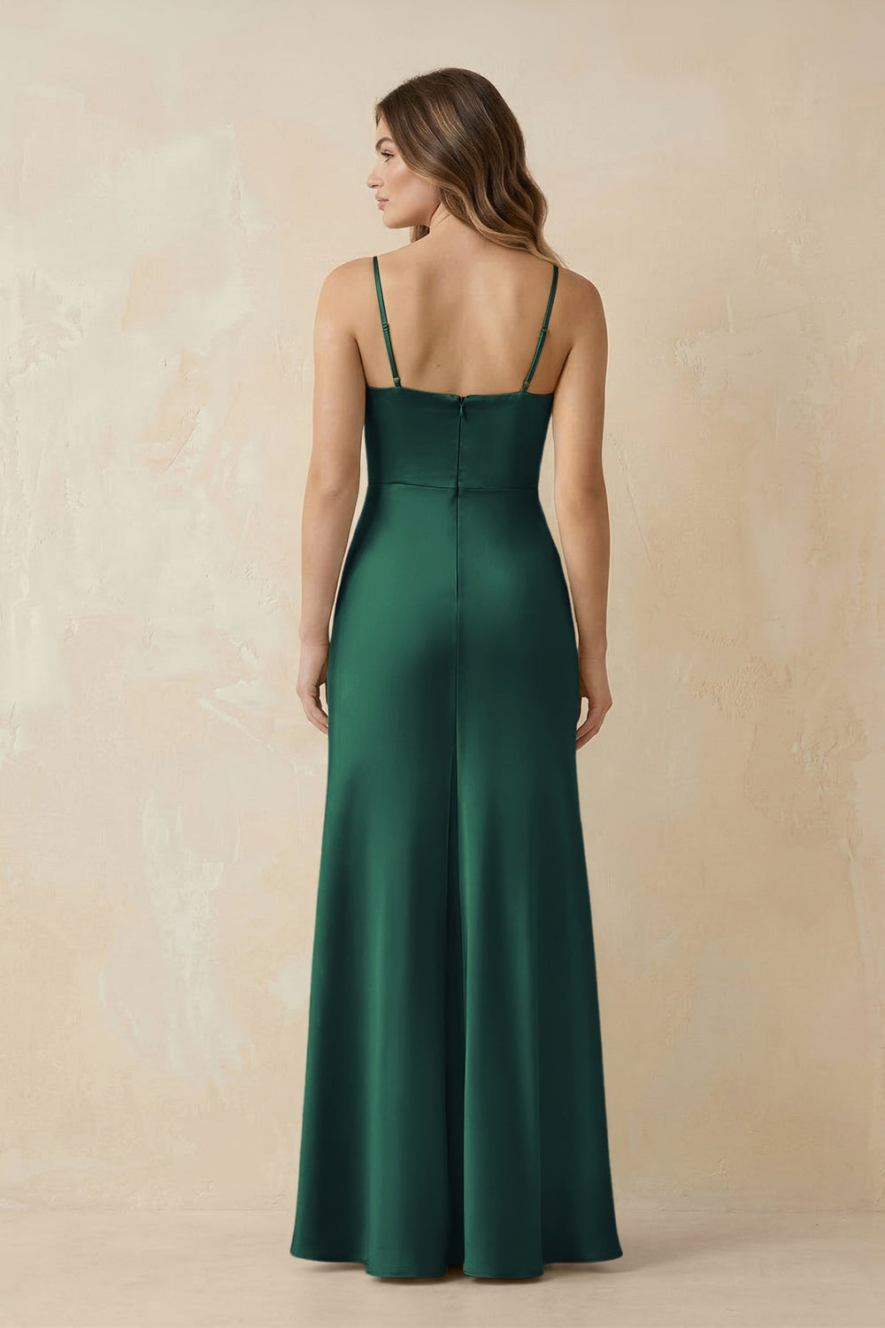 Spaghetti Strap Sheath Satin Bridesmaid Dress With Slit in Dark Green - KISS BRIDAL Bridesmaid Dresses