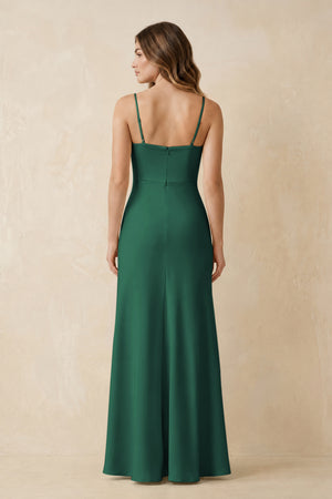 Spaghetti Strap Sheath Satin Bridesmaid Dress With Slit in Dark Green (2) | KISSBRIDAL