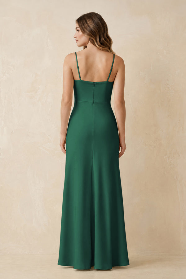 Spaghetti Strap Sheath Satin Bridesmaid Dress With Slit in Dark Green (2) | KISSBRIDAL