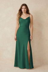 Spaghetti Strap Sheath Satin Bridesmaid Dress With Slit in Dark Green | KISSBRIDAL