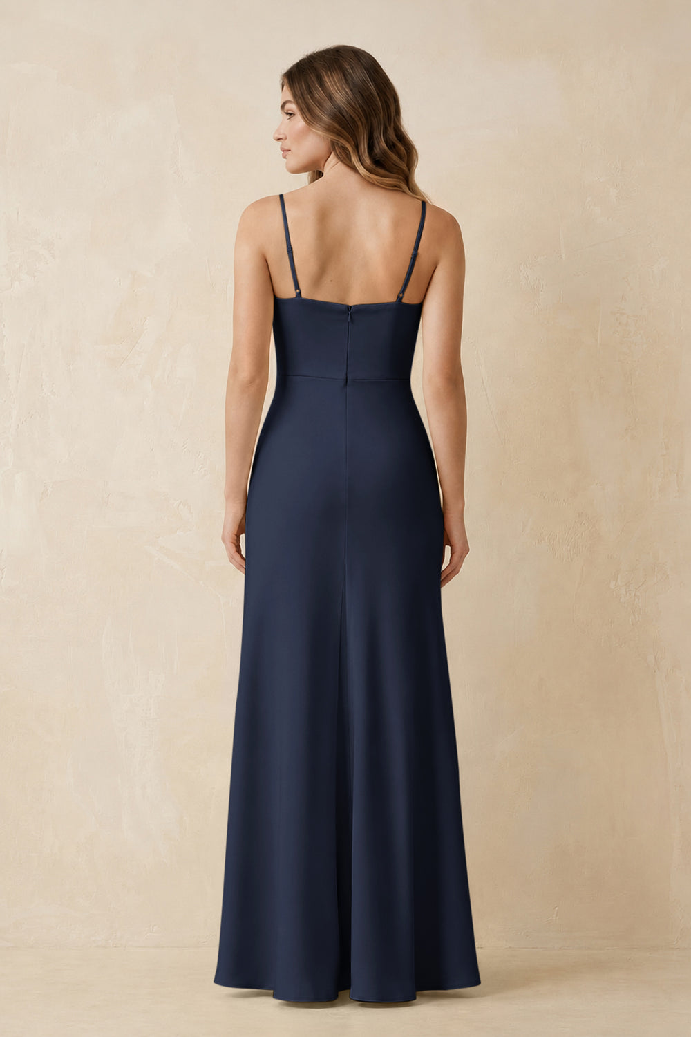 Spaghetti Strap Sheath Satin Bridesmaid Dress With Slit in Dark Navy