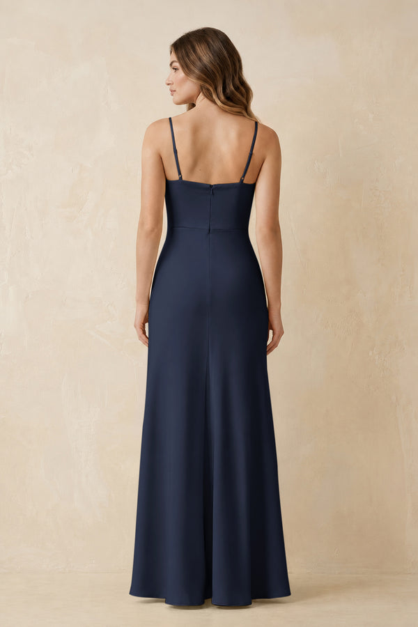 Spaghetti Strap Sheath Satin Bridesmaid Dress With Slit in Dark Navy (2) | KISSBRIDAL