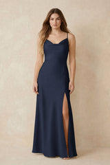 Spaghetti Strap Sheath Satin Bridesmaid Dress With Slit in Dark Navy | KISSBRIDAL