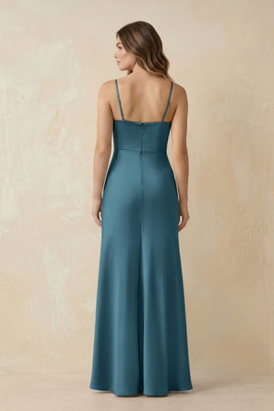 Spaghetti Strap Sheath Satin Bridesmaid Dress With Slit in Dark Teal - KISS BRIDAL Bridesmaid Dresses