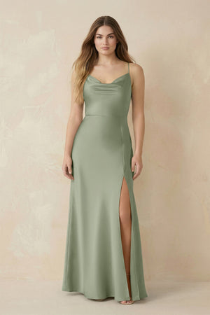 Spaghetti Strap Sheath Satin Bridesmaid Dress With Slit in Dove Gray - KISS BRIDAL Bridesmaid Dresses