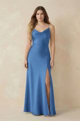 Spaghetti Strap Sheath Satin Bridesmaid Dress With Slit in Dusty Blue - KISS BRIDAL Bridesmaid Dresses