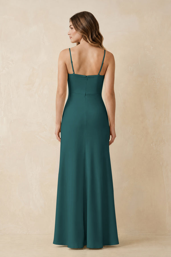 Spaghetti Strap Sheath Satin Bridesmaid Dress With Slit in Emerald (2) | KISSBRIDAL