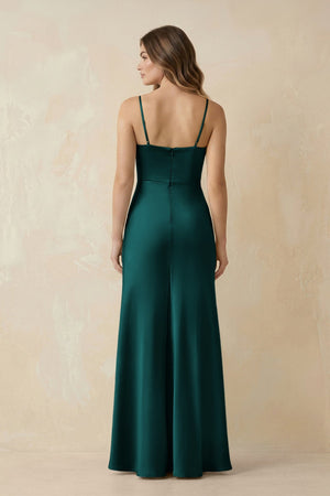 Spaghetti Strap Sheath Satin Bridesmaid Dress With Slit in Emerald - KISS BRIDAL Bridesmaid Dresses