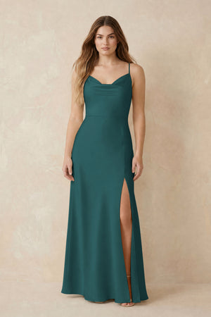 Spaghetti Strap Sheath Satin Bridesmaid Dress With Slit in Emerald | KISSBRIDAL