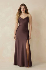 Spaghetti Strap Sheath Satin Bridesmaid Dress With Slit in Espresso - KISS BRIDAL Bridesmaid Dresses