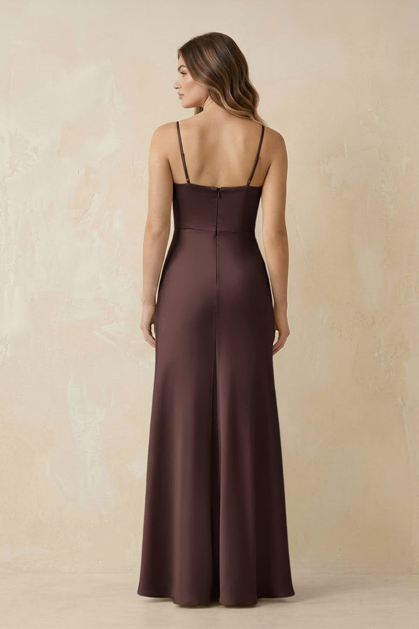 Spaghetti Strap Sheath Satin Bridesmaid Dress With Slit in Espresso - KISS BRIDAL Bridesmaid Dresses