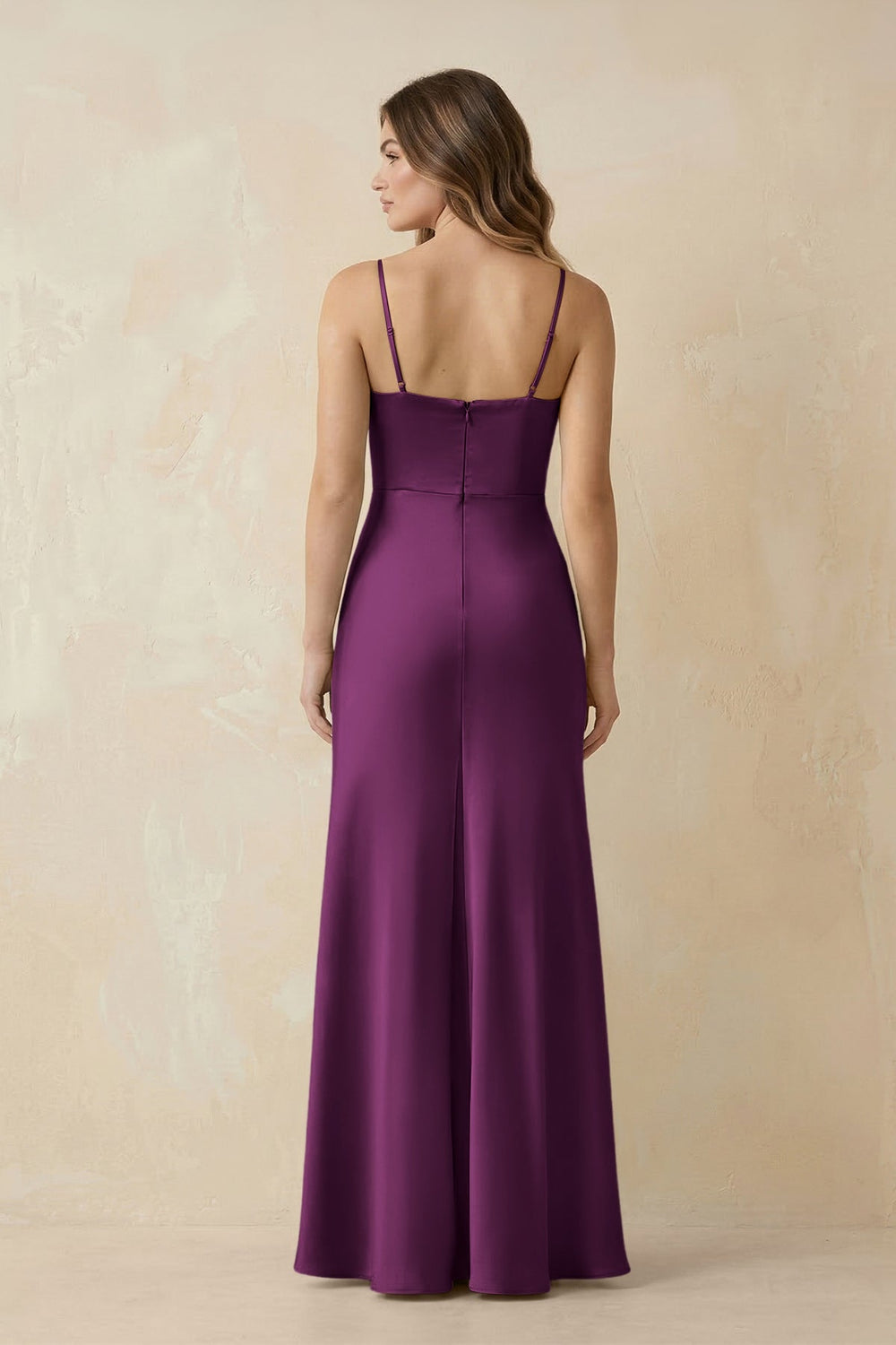 Spaghetti Strap Sheath Satin Bridesmaid Dress With Slit in Fig - KISS BRIDAL Bridesmaid Dresses
