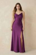 Spaghetti Strap Sheath Satin Bridesmaid Dress With Slit in Fig - KISS BRIDAL Bridesmaid Dresses