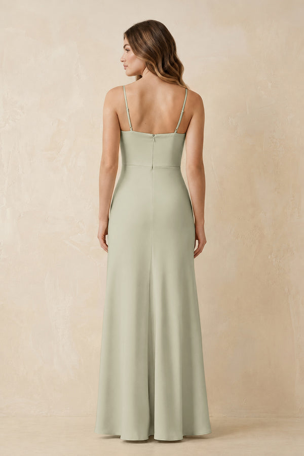 Spaghetti Strap Sheath Satin Bridesmaid Dress With Slit in Frost (2) | KISSBRIDAL