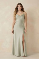 Spaghetti Strap Sheath Satin Bridesmaid Dress With Slit in Frost - KISS BRIDAL Bridesmaid Dresses