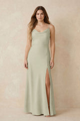Spaghetti Strap Sheath Satin Bridesmaid Dress With Slit in Frost | KISSBRIDAL
