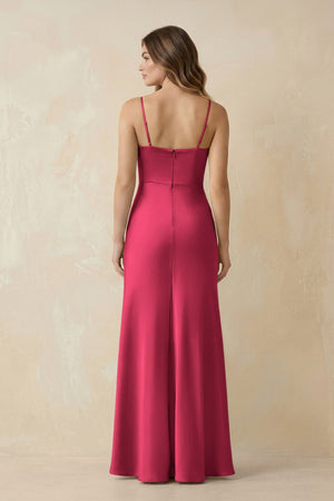 Spaghetti Strap Sheath Satin Bridesmaid Dress With Slit in Fuchsia - KISS BRIDAL Bridesmaid Dresses
