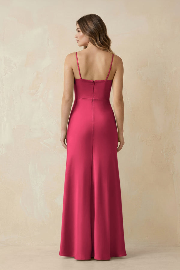 Spaghetti Strap Sheath Satin Bridesmaid Dress With Slit in Fuchsia - KISS BRIDAL Bridesmaid Dresses