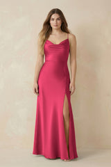 Spaghetti Strap Sheath Satin Bridesmaid Dress With Slit in Fuchsia - KISS BRIDAL Bridesmaid Dresses