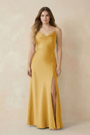 Spaghetti Strap Sheath Satin Bridesmaid Dress With Slit in Gold - KISS BRIDAL Bridesmaid Dresses