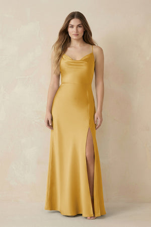 Spaghetti Strap Sheath Satin Bridesmaid Dress With Slit in Gold - KISS BRIDAL Bridesmaid Dresses