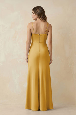 Spaghetti Strap Sheath Satin Bridesmaid Dress With Slit in Gold - KISS BRIDAL Bridesmaid Dresses