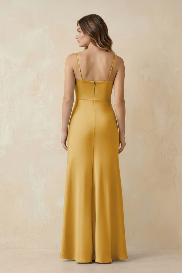 Spaghetti Strap Sheath Satin Bridesmaid Dress With Slit in Gold - KISS BRIDAL Bridesmaid Dresses