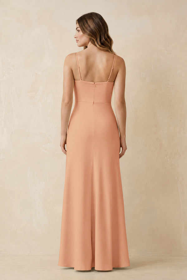 Spaghetti Strap Sheath Satin Bridesmaid Dress With Slit in Golden Champagne (2) | KISSBRIDAL