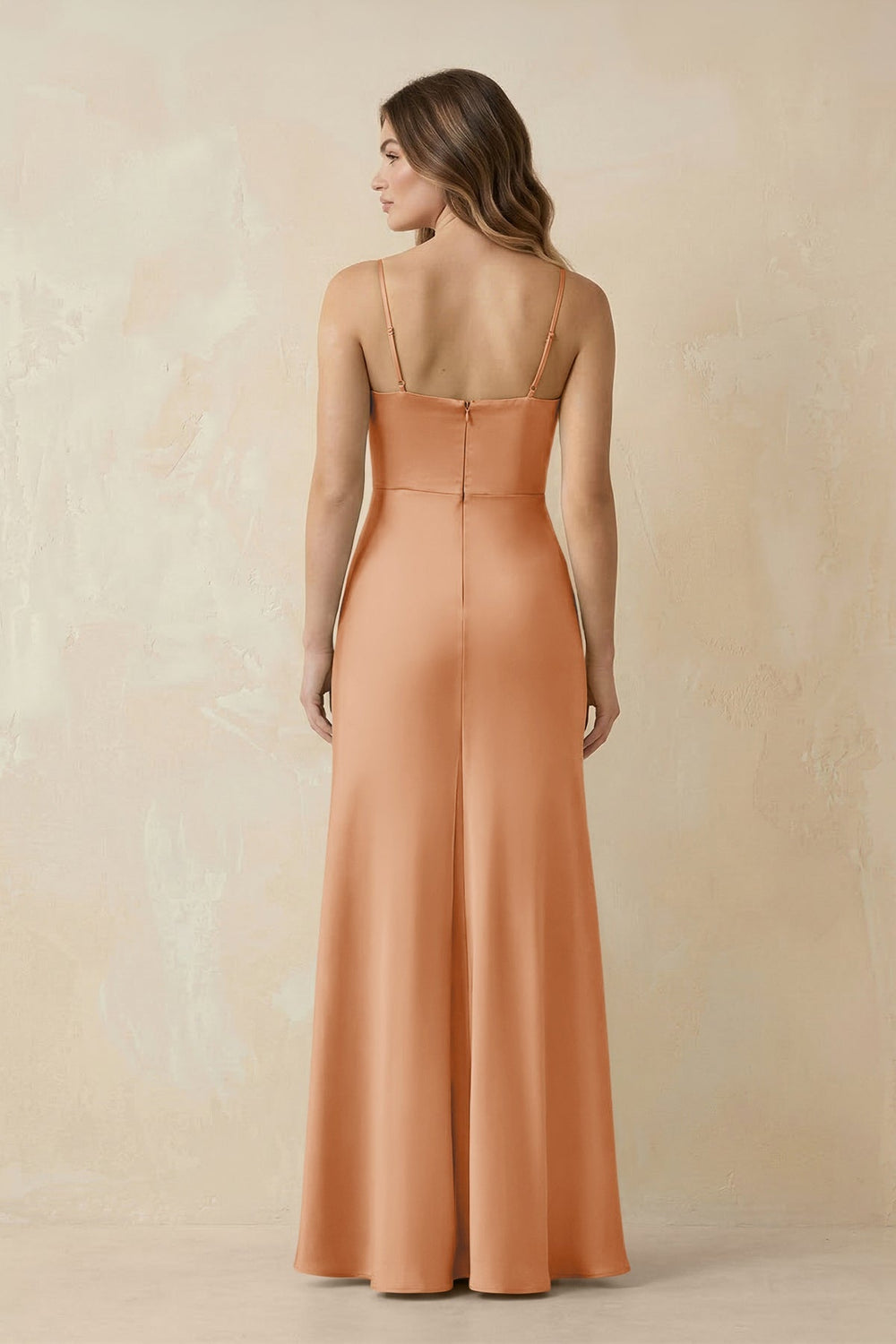 Spaghetti Strap Sheath Satin Bridesmaid Dress With Slit in Golden Champagne - KISS BRIDAL Bridesmaid Dresses