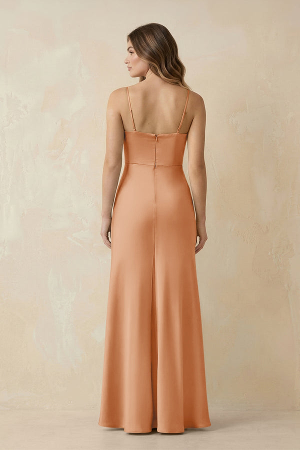 Spaghetti Strap Sheath Satin Bridesmaid Dress With Slit in Golden Champagne - KISS BRIDAL Bridesmaid Dresses