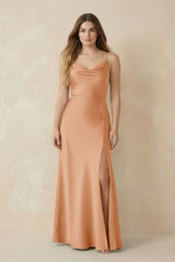 Spaghetti Strap Sheath Satin Bridesmaid Dress With Slit in Golden Champagne - KISS BRIDAL Bridesmaid Dresses