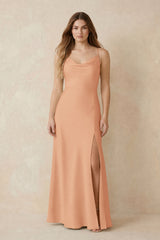 Spaghetti Strap Sheath Satin Bridesmaid Dress With Slit in Golden Champagne | KISSBRIDAL