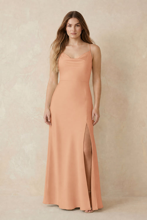 Spaghetti Strap Sheath Satin Bridesmaid Dress With Slit in Golden Champagne | KISSBRIDAL