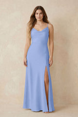 Spaghetti Strap Sheath Satin Bridesmaid Dress With Slit in Ice | KISSBRIDAL