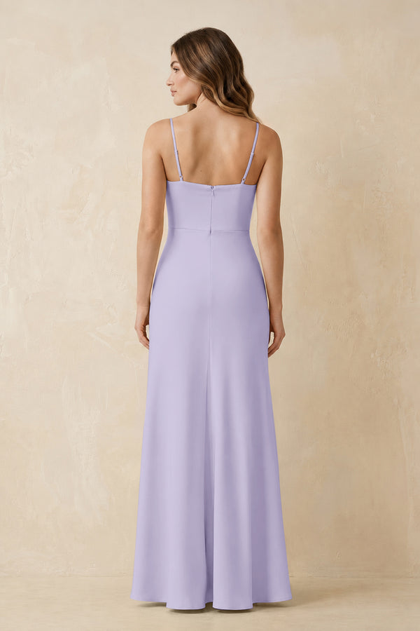 Spaghetti Strap Sheath Satin Bridesmaid Dress With Slit in Lavender (2) | KISSBRIDAL
